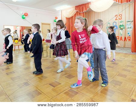 Gomel, Belarus - February 22, 2019: Matinee In Kindergarten Dedicated To The Day Of The Soviet Army.