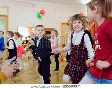 Gomel, Belarus - February 22, 2019: Matinee In Kindergarten Dedicated To The Day Of The Soviet Army.