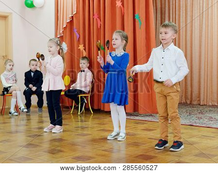 Gomel, Belarus - February 22, 2019: Matinee In Kindergarten Dedicated To The Day Of The Soviet Army.