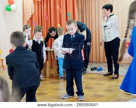 Gomel, Belarus - February 22, 2019: Matinee In Kindergarten Dedicated To The Day Of The Soviet Army.