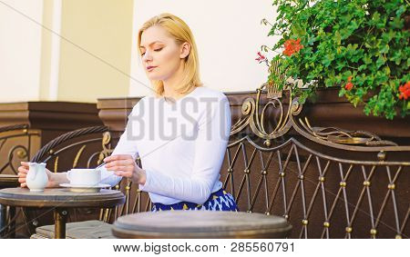 Great Start Of Day. Woman Elegant Calm Face Have Coffee Cafe Terrace Outdoors. Girl Drink Coffee Eve