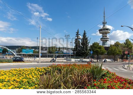 Thessaloniki, Greece - September 30, 2017: Ote Tower And Flowers Gardens In Front In City Of Thessal