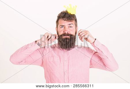 Mature Bearded Man With Silly Look Playing King At Birthday Celebration, Fun Concept. Hipster In Pin