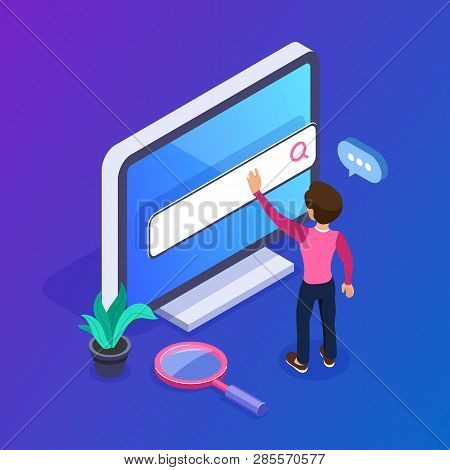 3d Isometric Web Search Concept. People Uses The Search Bar On The Computer Screen. Search For Infor