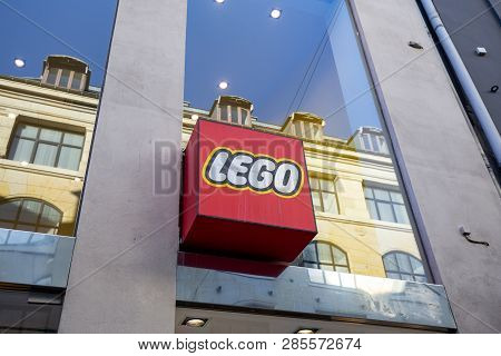 Copenhagen, Denmark - February 22, 2019: Big Lego Sign At The Lego Shop On Stroget In The City Centr
