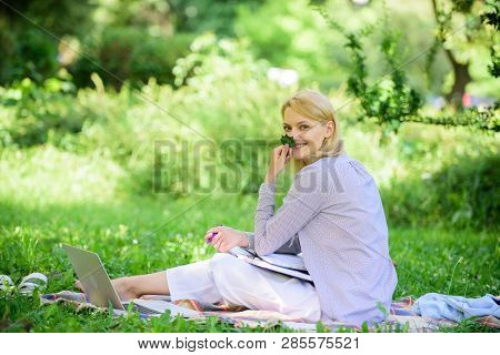 Managing Business Remote Outdoors. Woman With Laptop Sit Grass Meadow. Best Jobs To Work Remotely. B