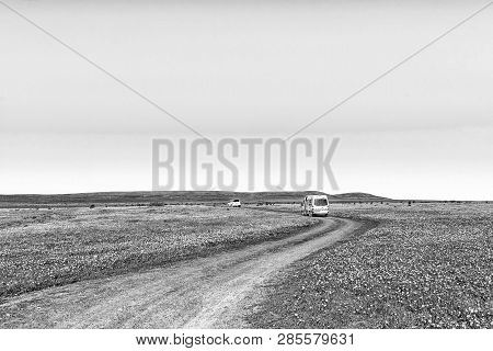 Nieuwoudtsville, South Africa, August 28, 2018: Vehicles In A Field Of Wildflowers At Matjiesfontein