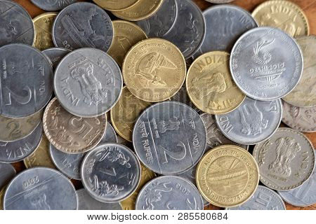 Close Up Top View Image Of Large Amount Of Indian Money Coins. Indian Currency Background Concept Wi