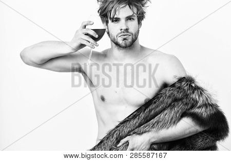 Guy Attractive Rich Posing Fur Coat On Naked Body. Rich Athlete Enjoy His Life. Richness And Luxury 