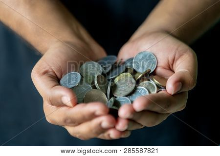Coins In Hands. Saving Money Concept. Indian Coins For Background.