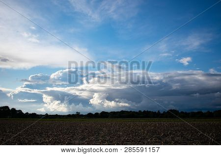 Peasantry With Trees, Fields And Blue Cloud Sky At Dusk. Location: Germany, North Rhine - Westphalia