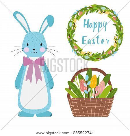 Easter Vector Elements Set Of Spring Tulips Flowers Bouqet, Flower Wreath, Eggs, Teapot And Mug. Cut