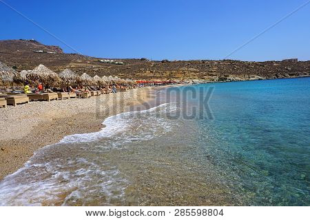 Mykonos, Greece, September 10 2018, Lia Beach Is A Tourist Resort Far From Chora But Perhaps It Is T