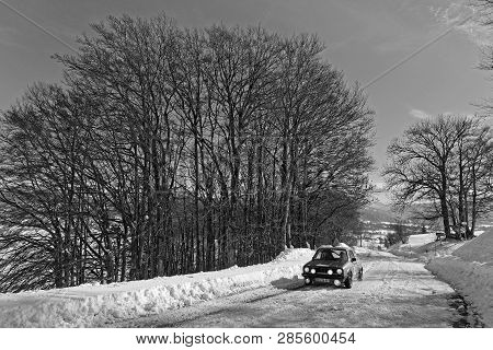 Vassieux, France, February 4, 2019 : Winter Rally On The Vercors Roads. Rallye Historique Is Reserve