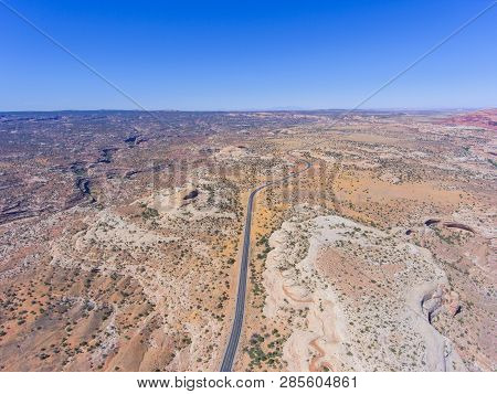 Mesa And Canyon Landscape And Utah State Route 313 Aerial View Near Arches National Park, Moab, Utah