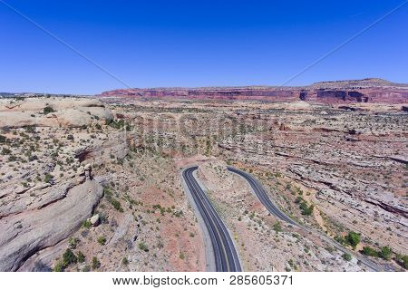 Mesa And Canyon Landscape And Utah State Route 313 Aerial View Near Arches National Park, Moab, Utah