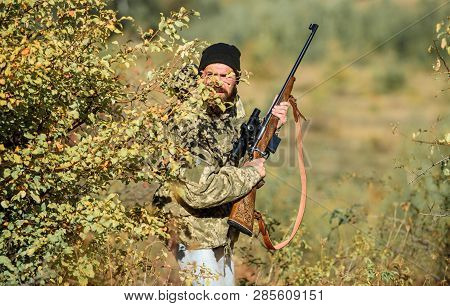 Man Hunter With Rifle Gun. Boot Camp. Military Uniform Fashion. Bearded Man Hunter. Army Forces. Cam