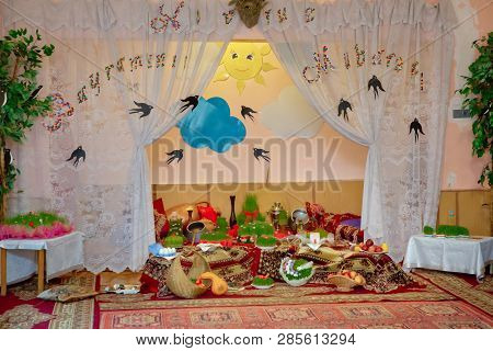 Novruz Holiday Event In The Garden. Semeni On Vintage Plate Decorated With Red Cord On National Styl