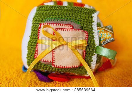 Colorful Hand Made Toy For Toddlers And Babies. Busy Cube. Soft  Baby Block Made Of Fabric To Develo