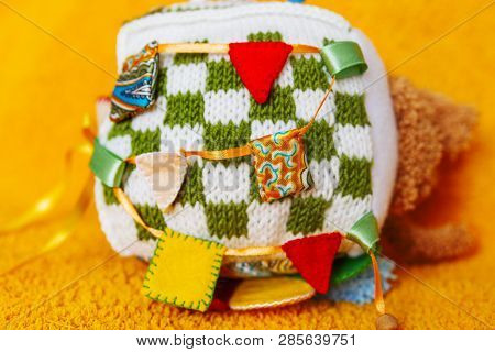 Colorful Hand Made Toy For Toddlers And Babies. Busy Cube. Soft  Baby Block Made Of Fabric To Develo