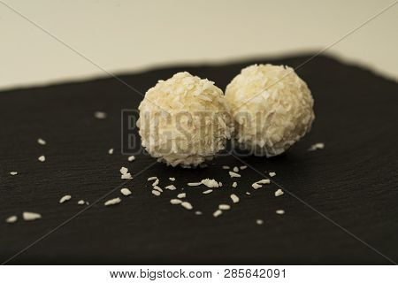 Close Up Of Rafaello Homemade Delicious Candy. Delicious Appetizer With Luxury Look