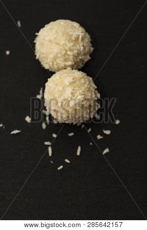 Close Up Of Rafaello Homemade Delicious Candy. Delicious Appetizer With Luxury Look
