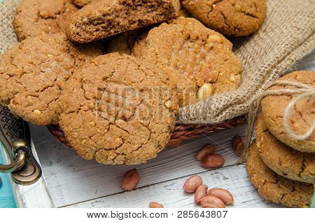Peanut Cookies On A Homespun Cloth With Peanut And Cookies. No Shugar Added. Peanut Butter. Peanut B