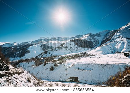 Zemo Mleta, Mtskheta-mtianeti Region, Georgia. Village Zemo Mleta During Sunny Winter Day. Beautiful