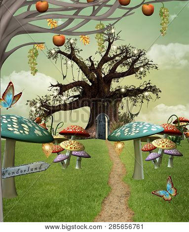 Country Scenery Inspired By Alice In Wonderland With Fantasy Mushrooms And A Tree - 3d Illustration