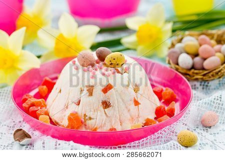 Traditional Easter Molded Dessert Paska Made From Cottage Cheese And Candied Fruit
