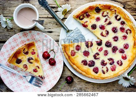 Sour Cream Cherry Pie, Homemade Baked Tart Stuffed With Cream Pudding And Cherry