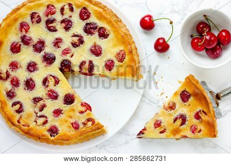 Sour Cream Cherry Pie, Homemade Baked Tart Stuffed With Cream Pudding And Cherry