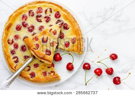 Sour Cream Cherry Pie, Homemade Baked Tart Stuffed With Cream Pudding And Cherry