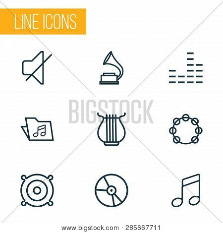 Multimedia Icons Line Style Set With Mixer, Folder, Vinyl And Other Timbrel Elements. Isolated  Illu
