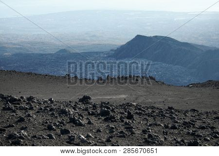 high altitude landscape Bove Valley and Schiena Dell'Asino Ridge in Etna Park, Sicily