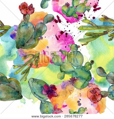 Green Cactus Floral Botanical Flower. Watercolor Background Illustration Set. Seamless Background Pa