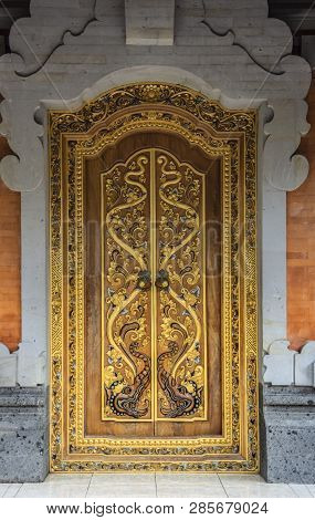 Decorated Door At The Gunung Kawi Sebatu Temple, Ubud, Bali, Indonesia. The Temple Complex Is Locate