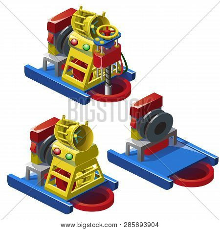 The Set Of Stages Of Construction Of Drill Station Isolated On White Background. Vector Cartoon Clos