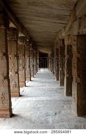 Lengthy Corridor Of Stone Pillars With Interesting Carvings At Veerabhadreswara Temople In Lepakshi,