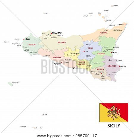 Sicily Administrative And Political Map With Flag