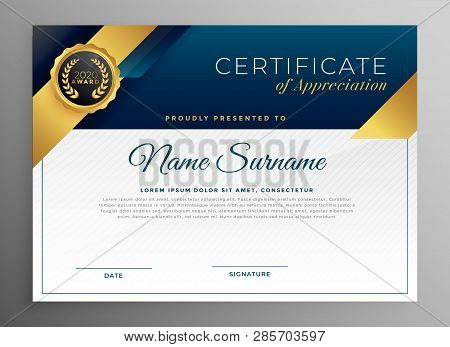 Elegant Blue And Gold Certicate Template Design
