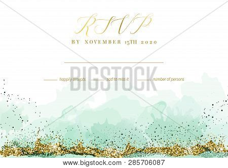 Stylish Dusty Emerald Watercolor And Gold Glitter Vector Design Card. Golden Art Foil Frame. Tropica