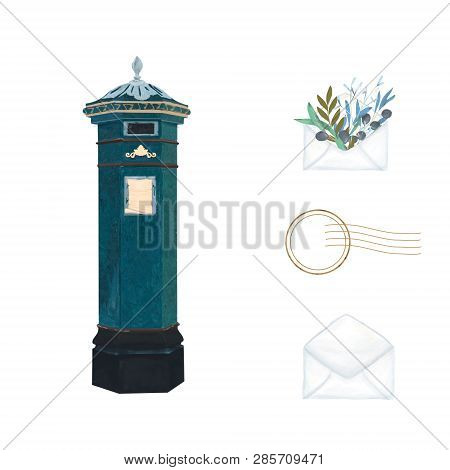 Uk Postbox Watercolor Brush Illustration With Vertical Pillar Letter-box, Public Wall Letterbox And 