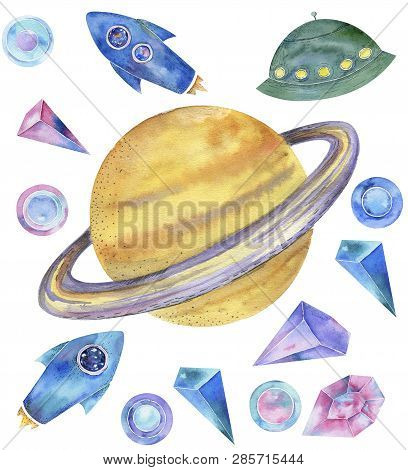 Saturn Watercolor Fantasy On Milky Way Solar System Flying Blue Rockets Ufo Doodle Character Drawing