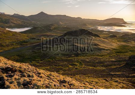 Dreamy Misty Landscape Above The Sea Of Clouds, Mountains At Sunset In Iceland