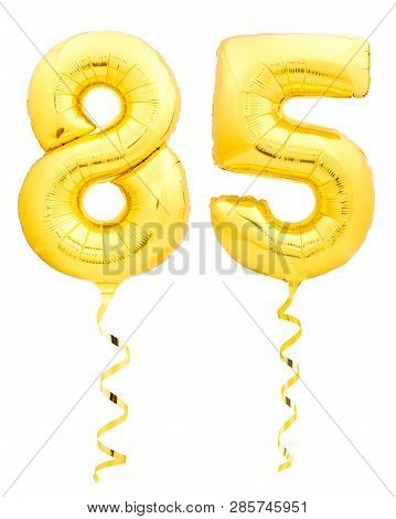 Golden Number Eighty Five 85 Made Of Inflatable Balloon With Ribbon On White