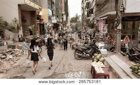 July 9, 2018. Vietnam. Nha Trang. Narrow Dirty Alley In The Asian City. Street Fruit Trade
