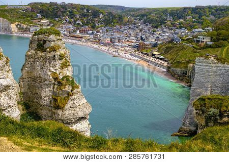 Scenic Alabaster Chalk Cliffs Of Etretat And Coast Of Atlantic Ocean, Travel And Vacation Destinatio