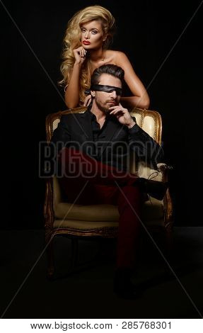 Sexy Couple Love, Blindfold Man In Suit With Sexy Blonde Woman