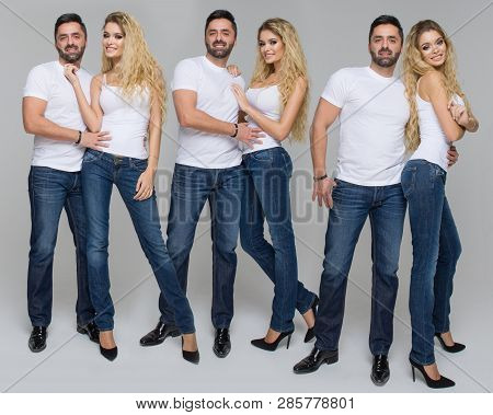 Happy Casual People Wear Jeans And White T-shirt